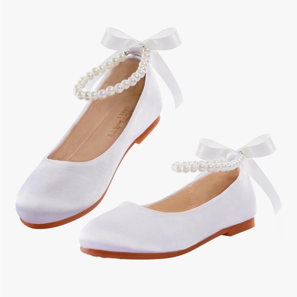 Girls White Ballet Flats with Pearl Ankle Strap, size 10 toddler